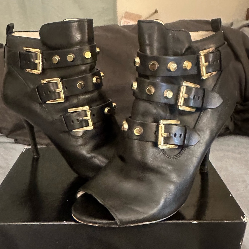 Michael Kors Leather Ankle Boots with Gold Buckles and Studs